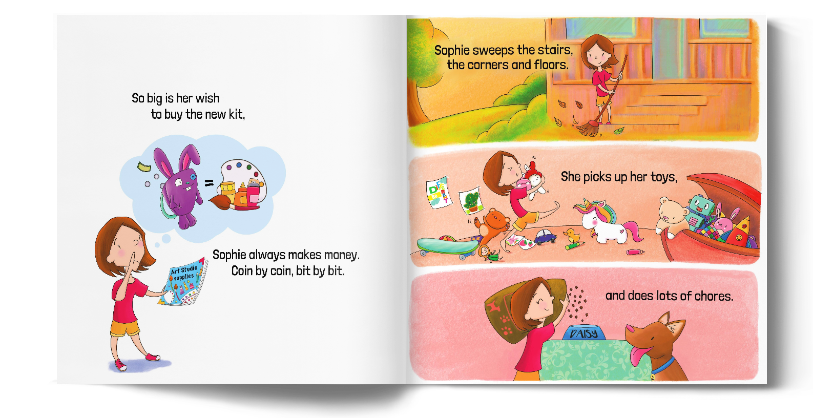 'So big is her wish to buy the new kit, Sophie always makes money. Coin by coin, bit by bit. Sophie sweeps the stairs, the corners, and floors. She picks up her toys and does lots of chores.' Left page, Sophie is holding an art studio supplies catalog and envisioning her new art kit. Right page, Sophie is sweeping, picking up toys, and feeding her dog Daisy.