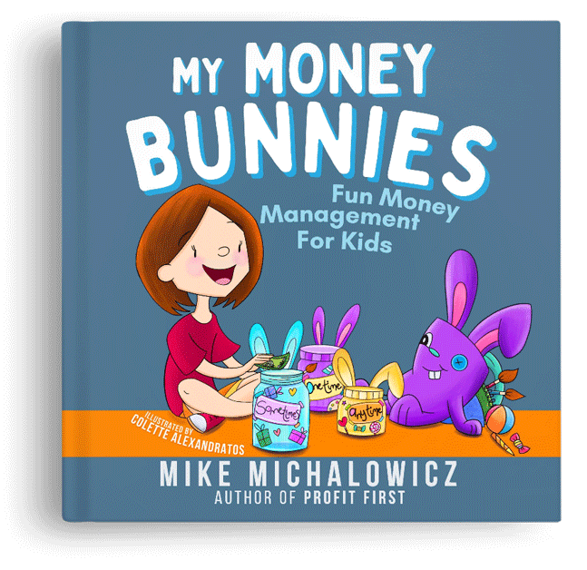 Blue book cover showing Sophie and her bunny backpack sitting with three money bunny jars, under the title My Money Bunnies by Mike Michalowicz