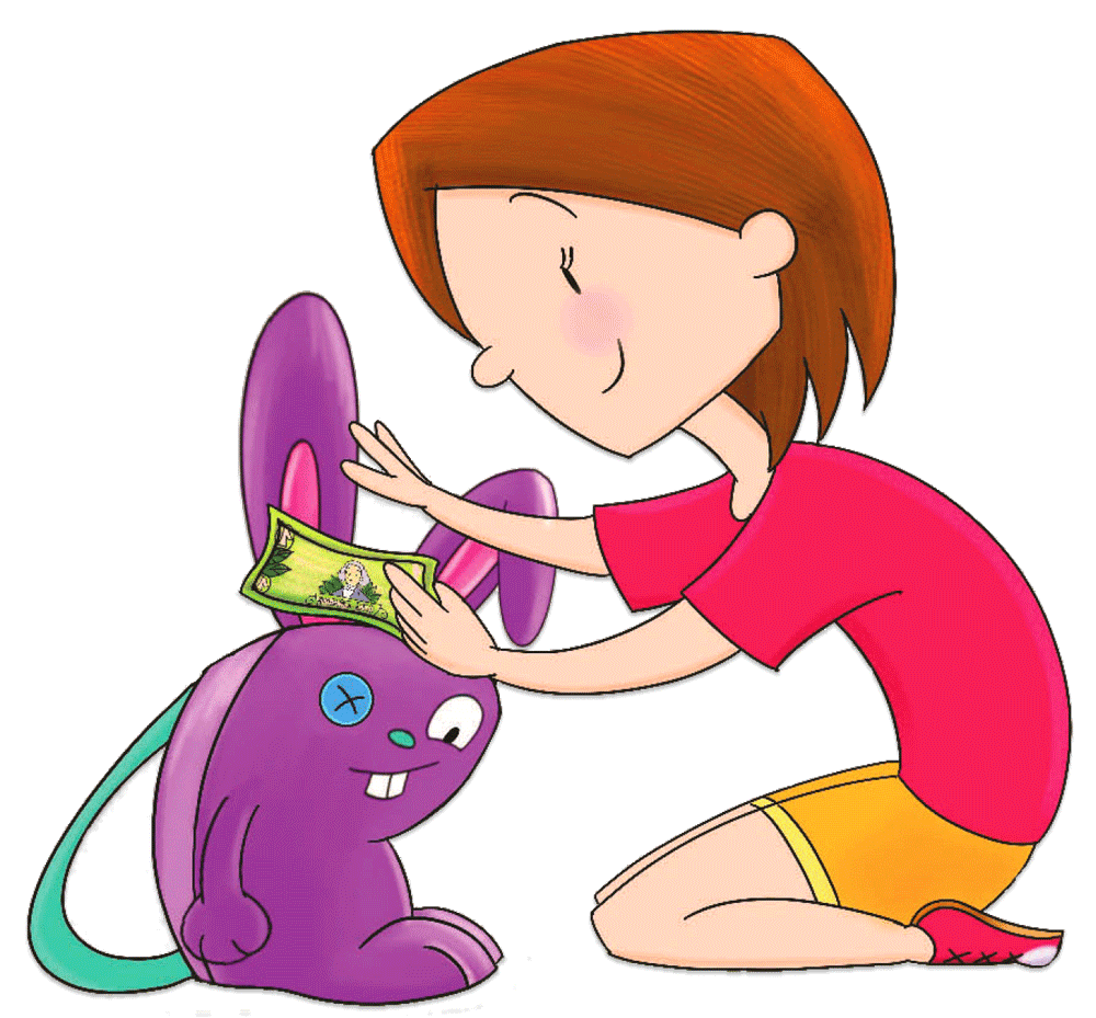 Illustration of Sophie, wearing a red shirt and orange shorts, kneeling in front of her bunny backpack and putting in a dollar bill.