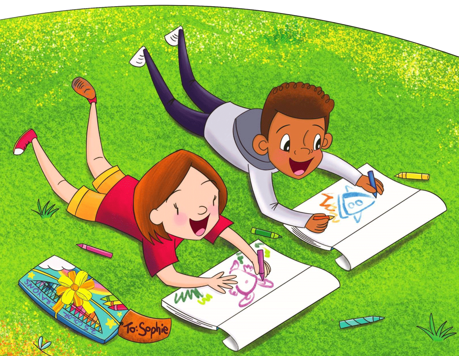 Illustration of Sophie and her friend, both lying on their stomachs in the grass drawing using Sophie's new art supplies.