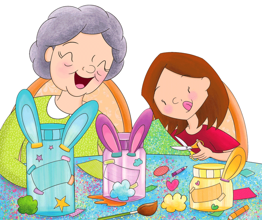 Illustration of Sophie and her Grandma sitting at a table, doing arts and crafts to decorate her money bunny jars.