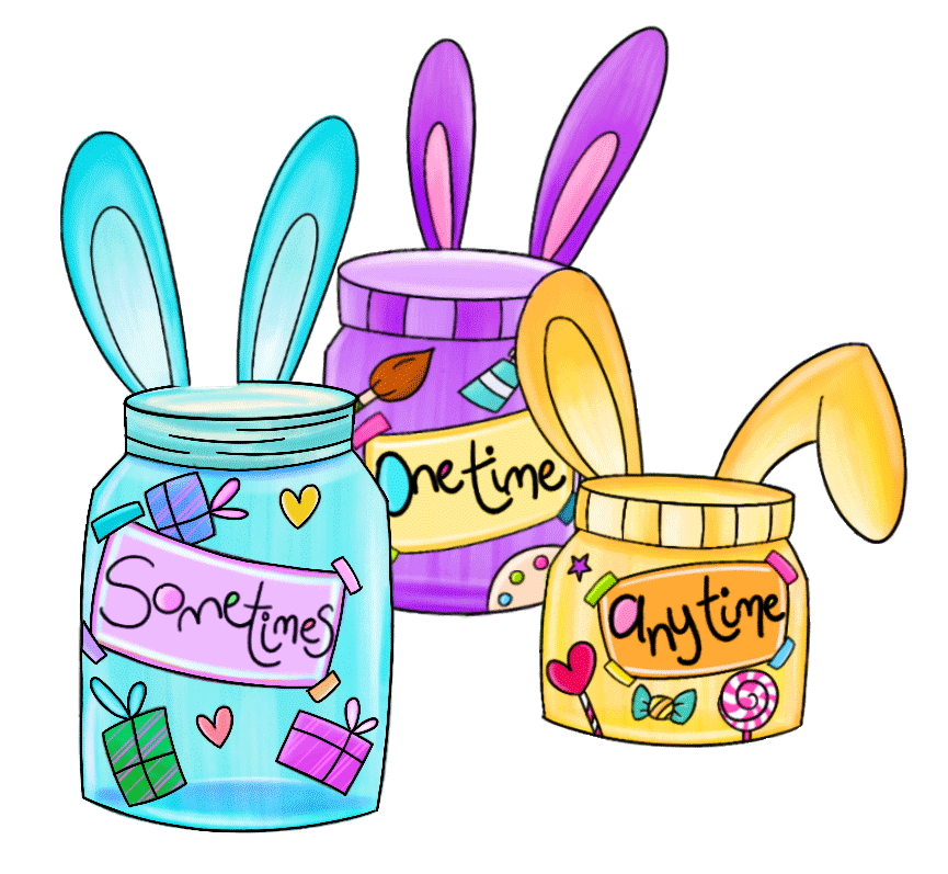 Light blue 'sometime' jar, purple 'one time' jar, and yellow 'anytime' jar, each decorated with bunny ears