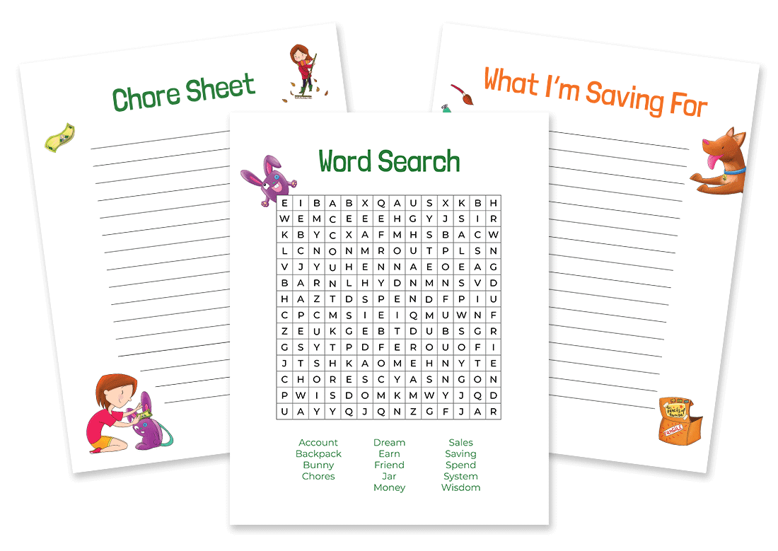 Three of the free worksheets: a wordsearch, chore chart, and goals list, all decorated with Money Bunny illustrations.
