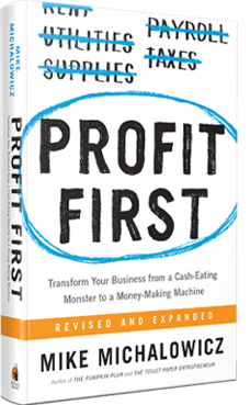 white book cover and Profit First text circled in blue chalk