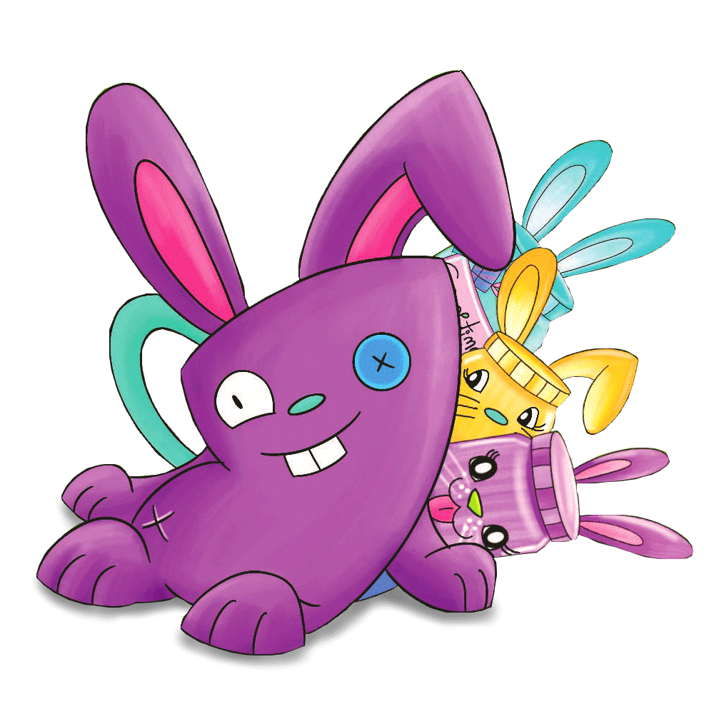 Illustration of the purple Money Bunny backpack slouched on the ground with the three Money Bunny jars poking out behind it.